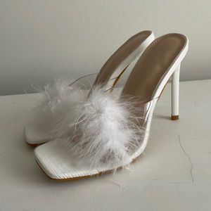 White feather stiletto mules